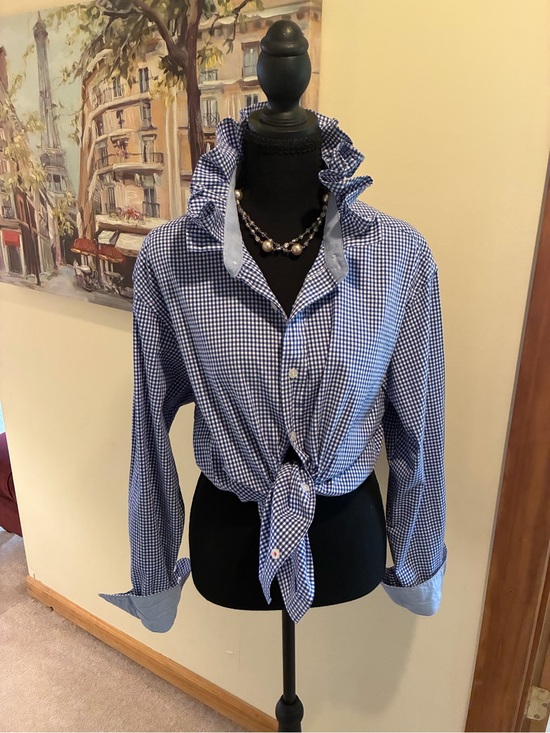 Nautica Tops - Nautica Blue and White Gingham Button-Down Shirt with Ruffle Collar